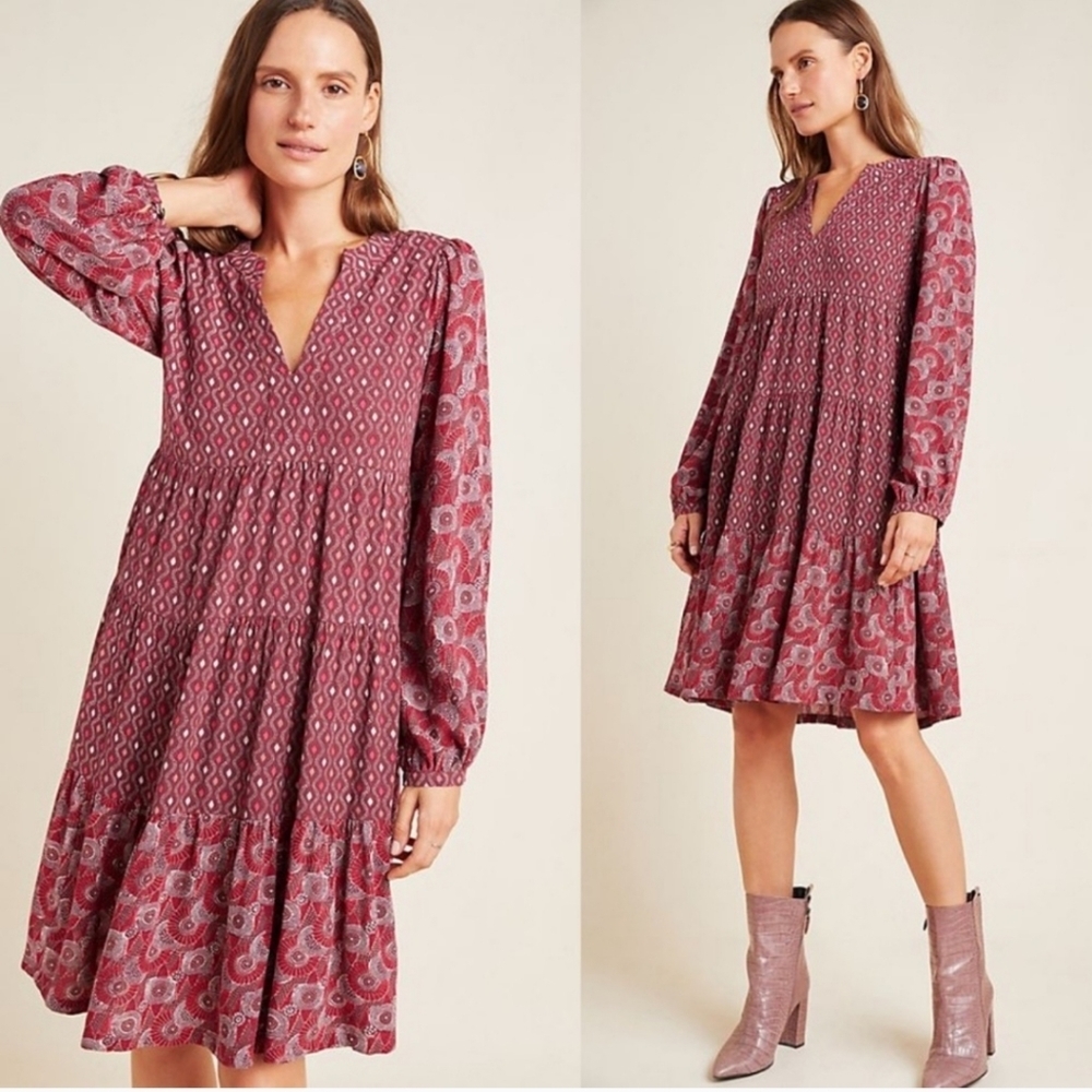 Anthropologie MAEVE Babydoll Tiered Tunic Dress Mixed Print Boho Coastal Cowgirl
